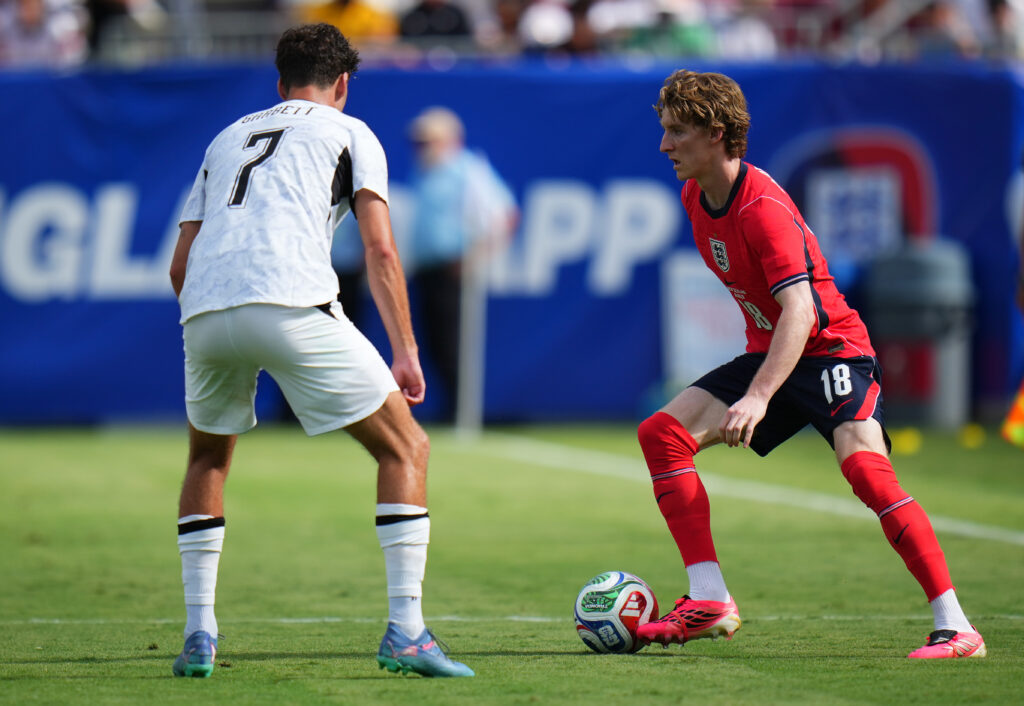 Anthony Gordon playing for England against New Zealand.